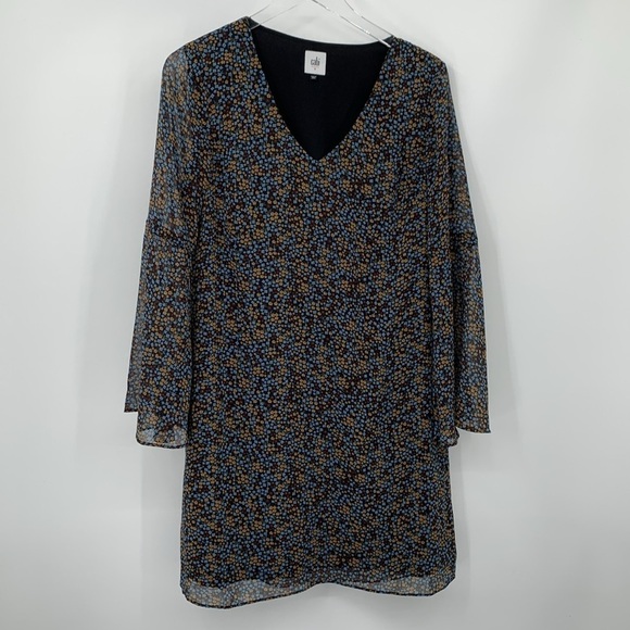 Cabi Poise flutter sleeve shift dress mini floral chiffon black blue v-neck S - Picture 1 of 5